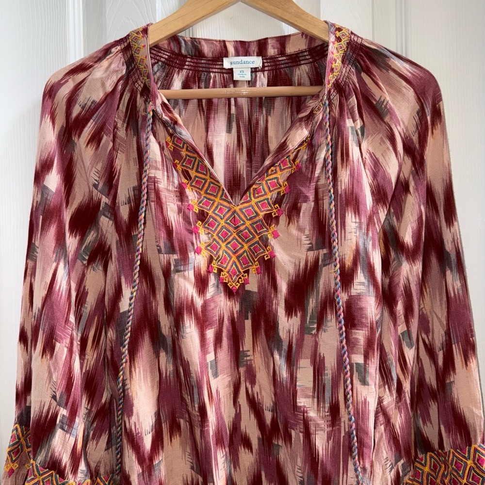Sundance Distant Travels Boho Peasant Blouse XS Multico Embroidery Tassel Aztec - Picture 6 of 10